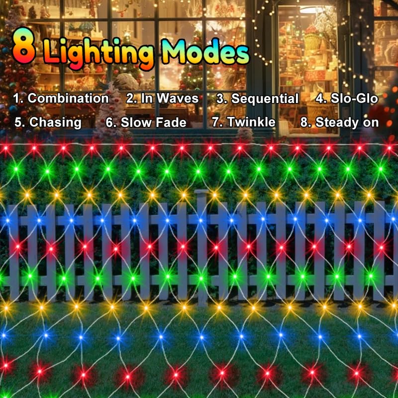 echosari Chritsmas Net Lights Battery Operated, 100 LED 4.9 x 4.9ft Outdoor Net Light Remote Timer Mesh Lights for Bush Deck Fence Wall Holiday Decor (Multicolor) - Image 3